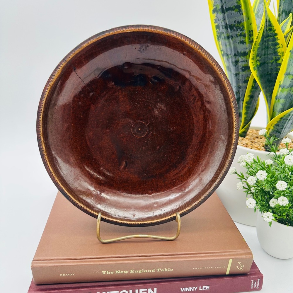 Vintage Primitive Redware‎ Pie Plate with Cog Edge Brown Glazed Pottery 9"